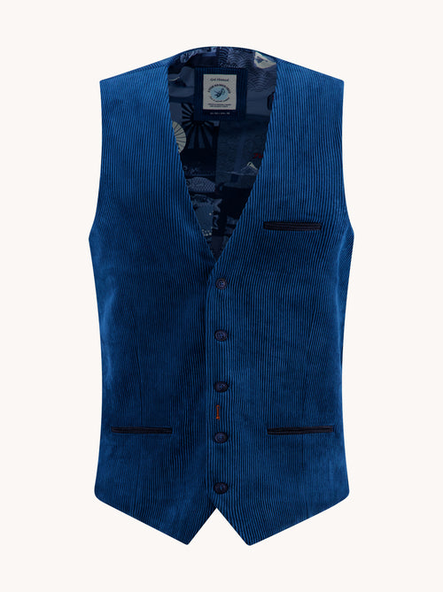 A Fish Named Fred men's Rib waistcoat in Cobalt, front view
