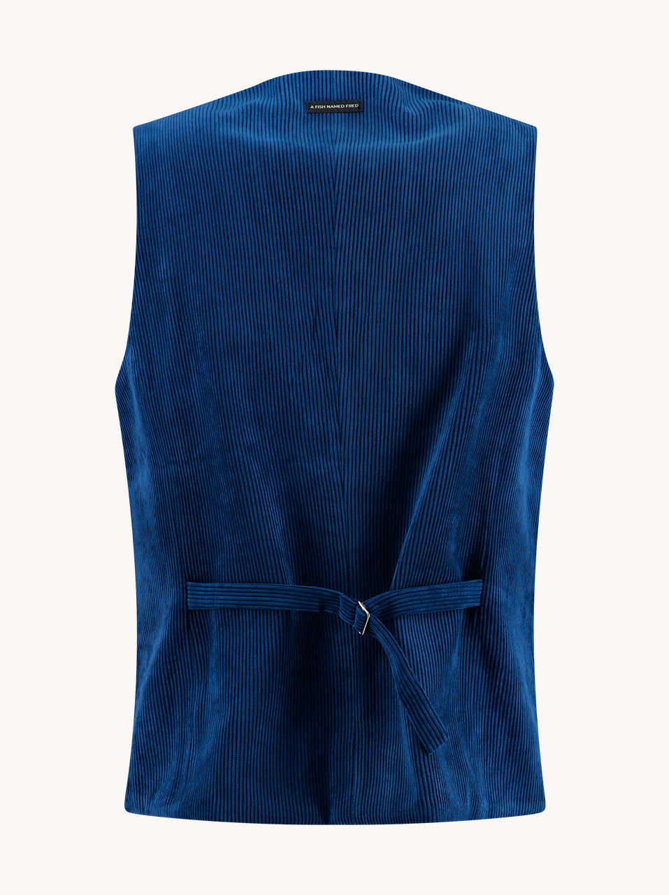 A Fish Named Fred men's Rib waistcoat in Cobalt, back view
