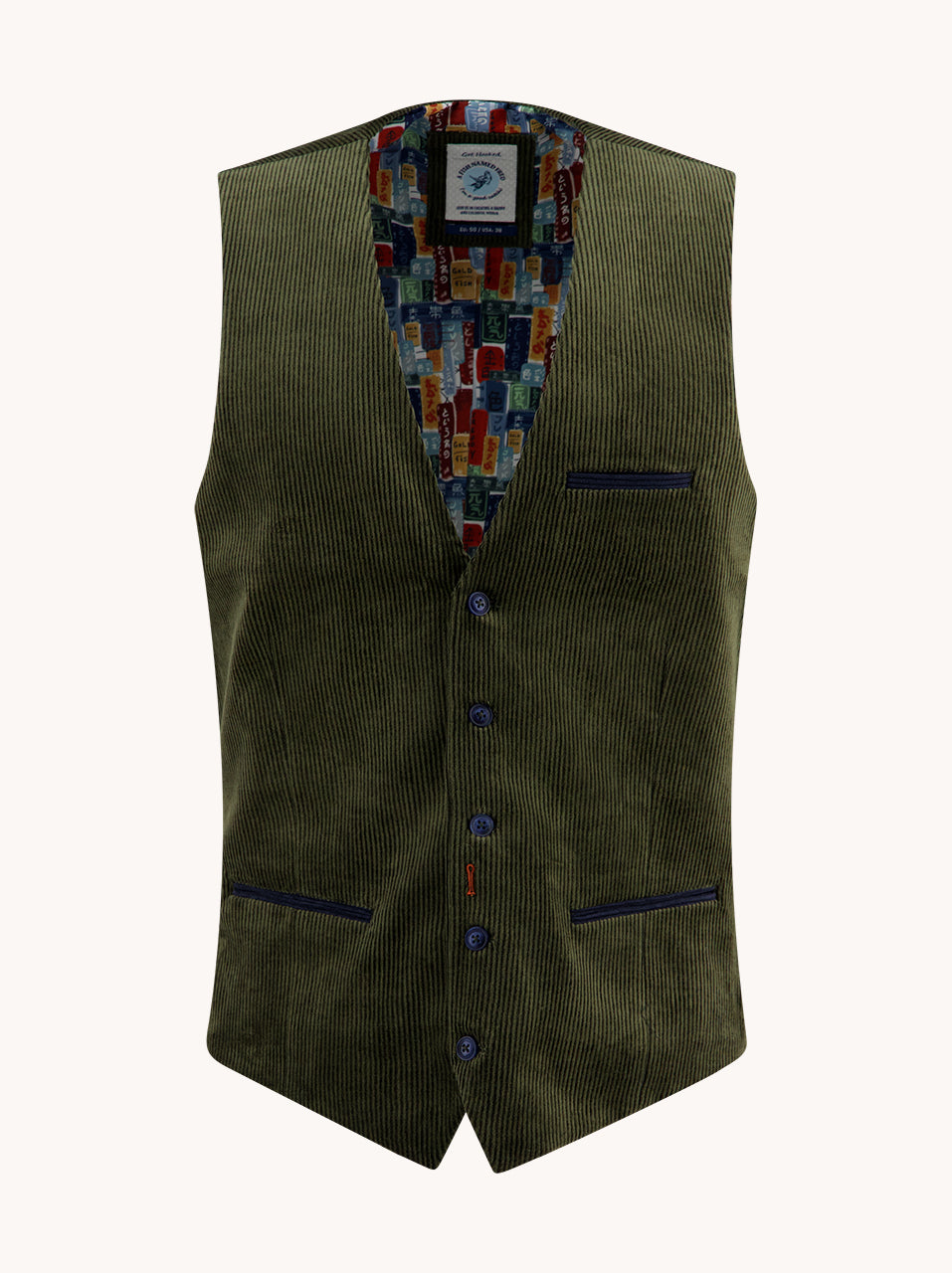 A Fish Named Fred men's Two Tone Rib waistcoat in Forest Green, front view