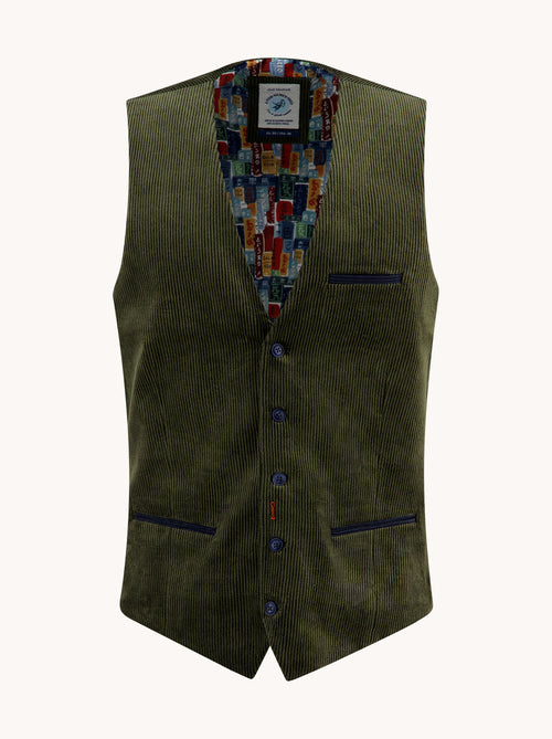A Fish Named Fred men's Two Tone Rib waistcoat in Forest Green, front view