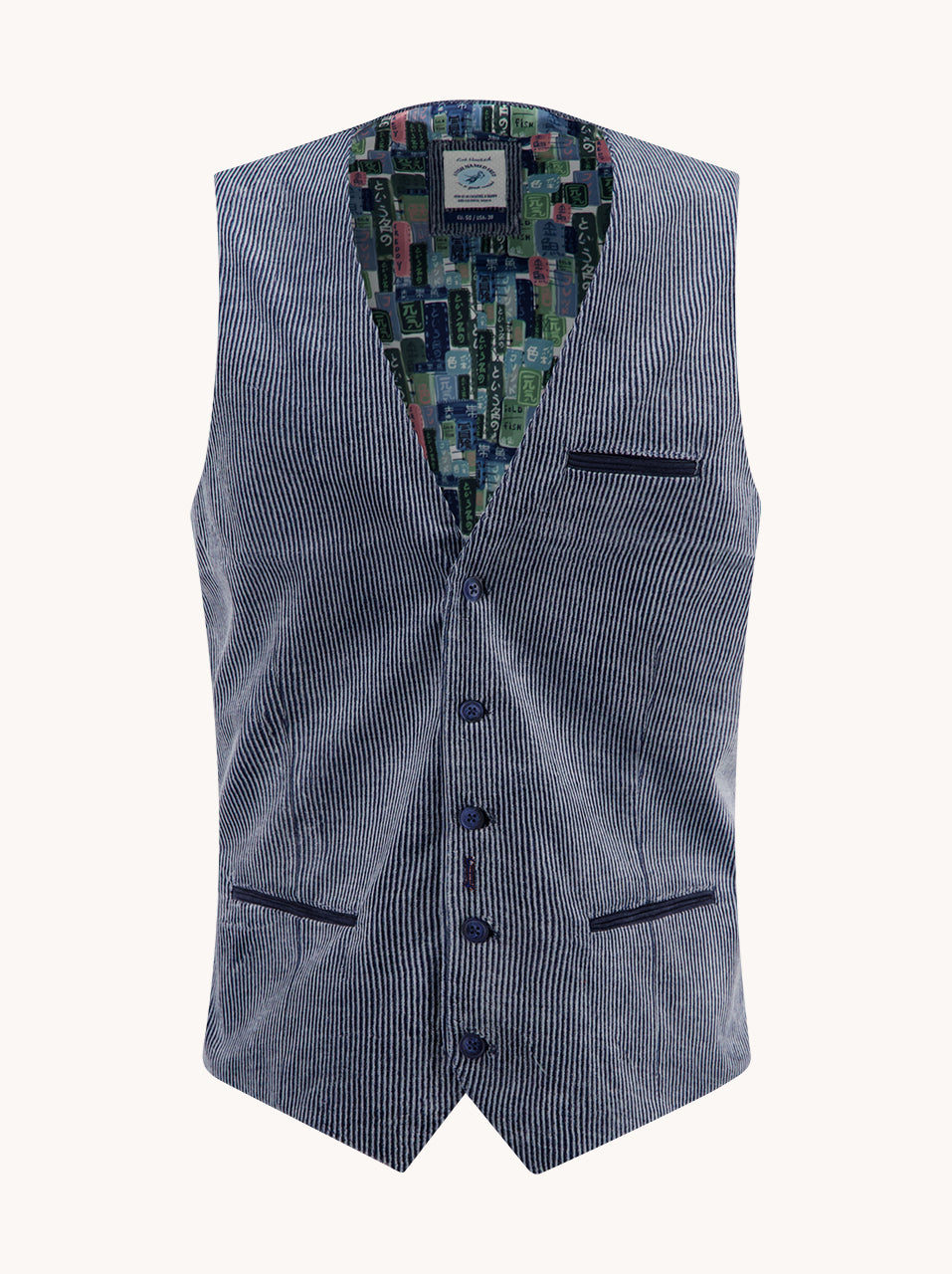 A Fish Named Fred men's Two Tone Rib waistcoat in Jeans Blue, front view