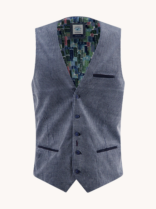 A Fish Named Fred men's Two Tone Rib waistcoat in Jeans Blue, front view