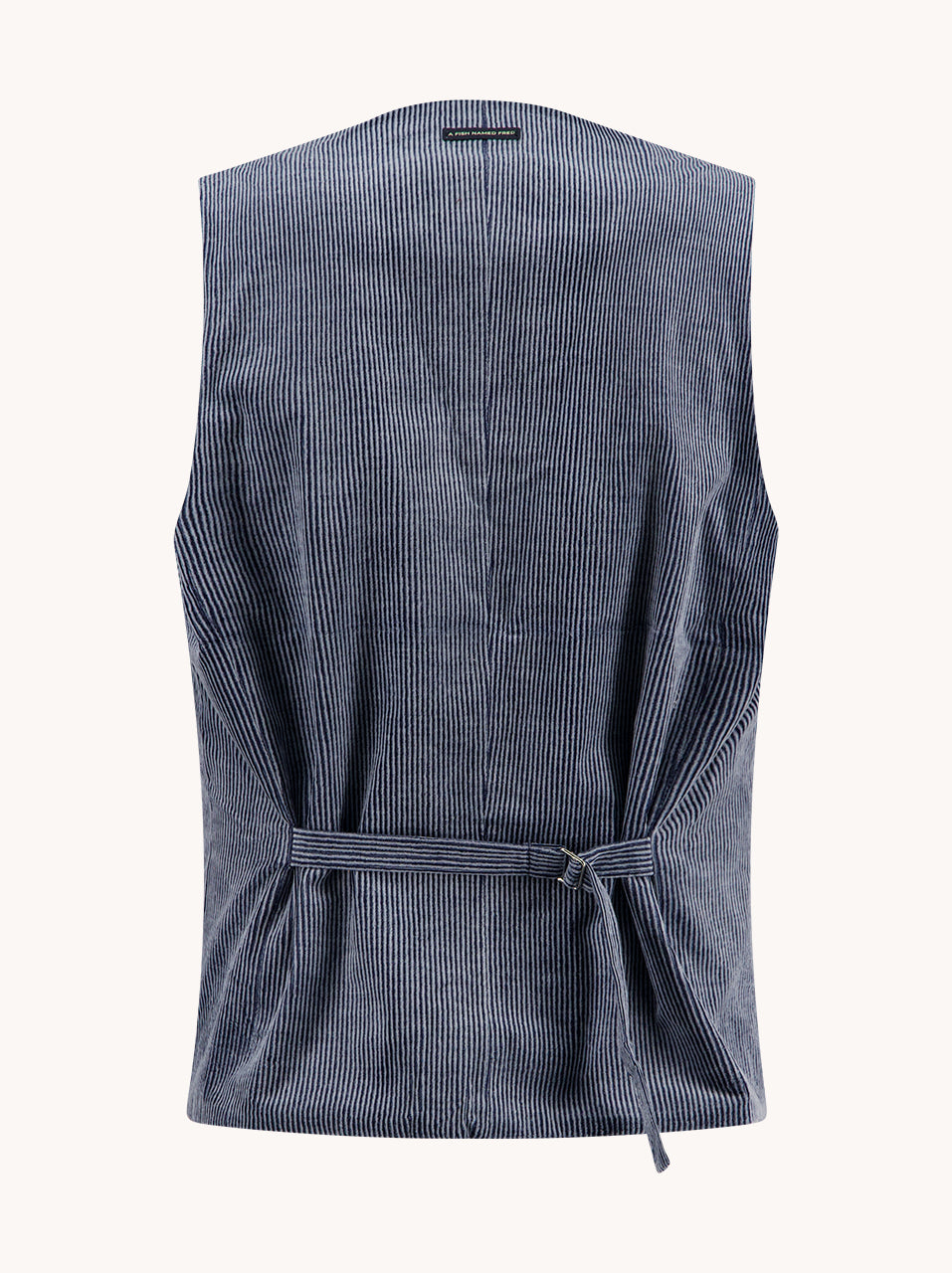 A Fish Named Fred men's Two Tone Rib waistcoat in Jeans Blue, back view
