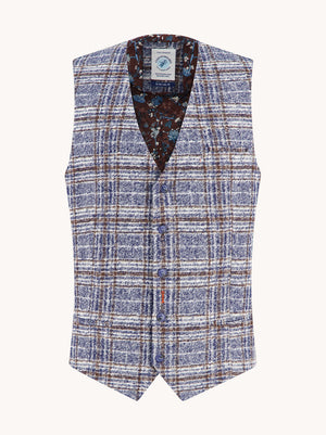 A Fish Named Fred men's Fancy Check waistcoat in Jeans Blue, front view