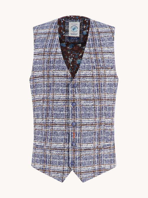 A Fish Named Fred men's Fancy Check waistcoat in Jeans Blue, front view