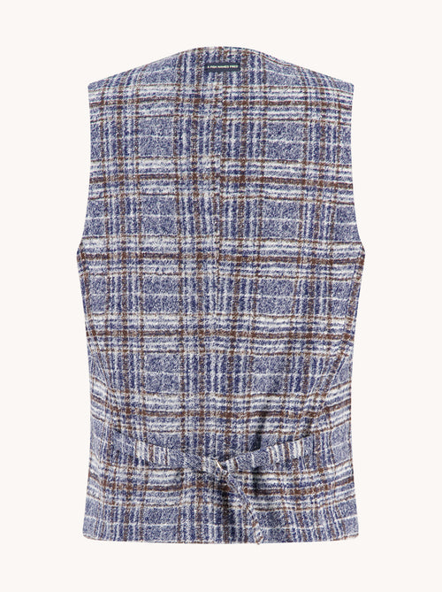 A Fish Named Fred men's Fancy Check waistcoat in Jeans Blue, back view