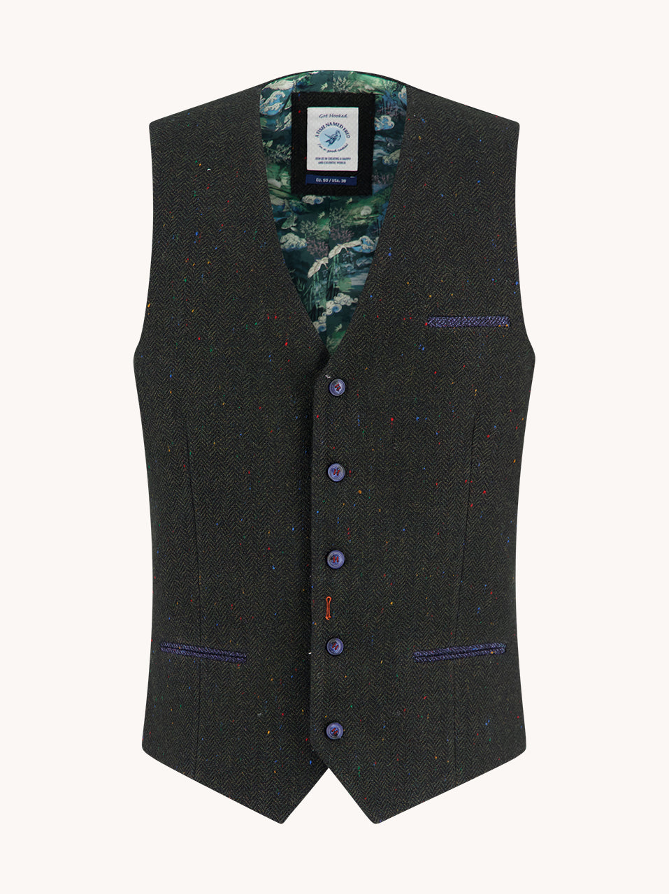 A Fish Named Fred men's Herringbone waistcoat in Dark Green, front view