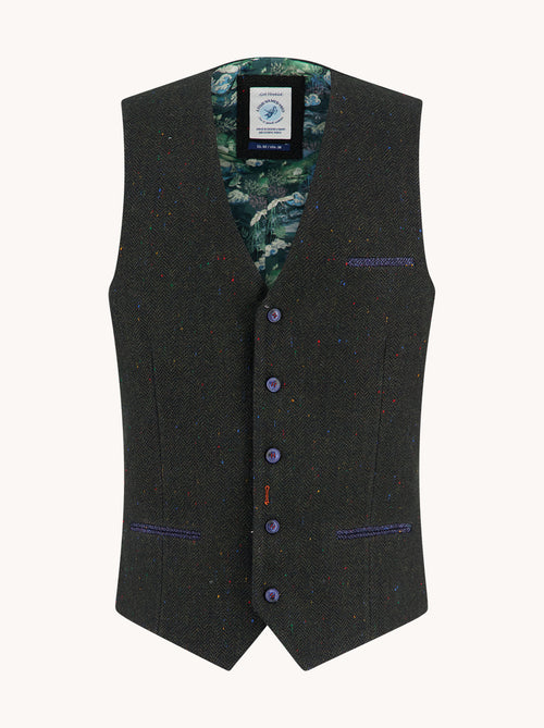 A Fish Named Fred men's Herringbone waistcoat in Dark Green, front view