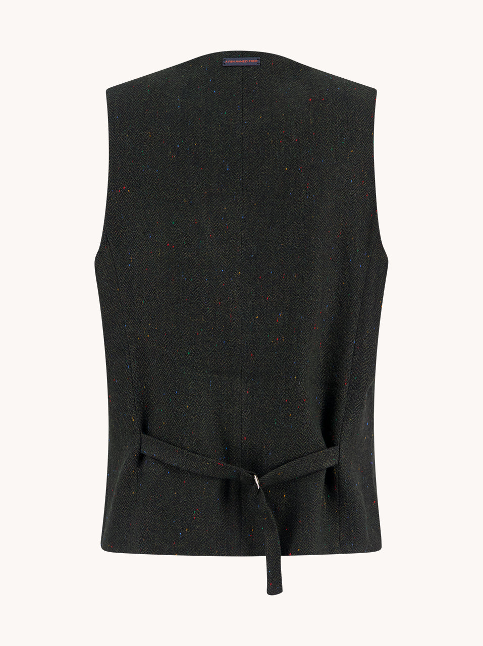 A Fish Named Fred men's Herringbone waistcoat in Dark Green, back view