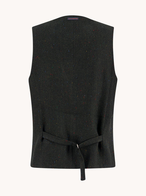 A Fish Named Fred men's Herringbone waistcoat in Dark Green, back view