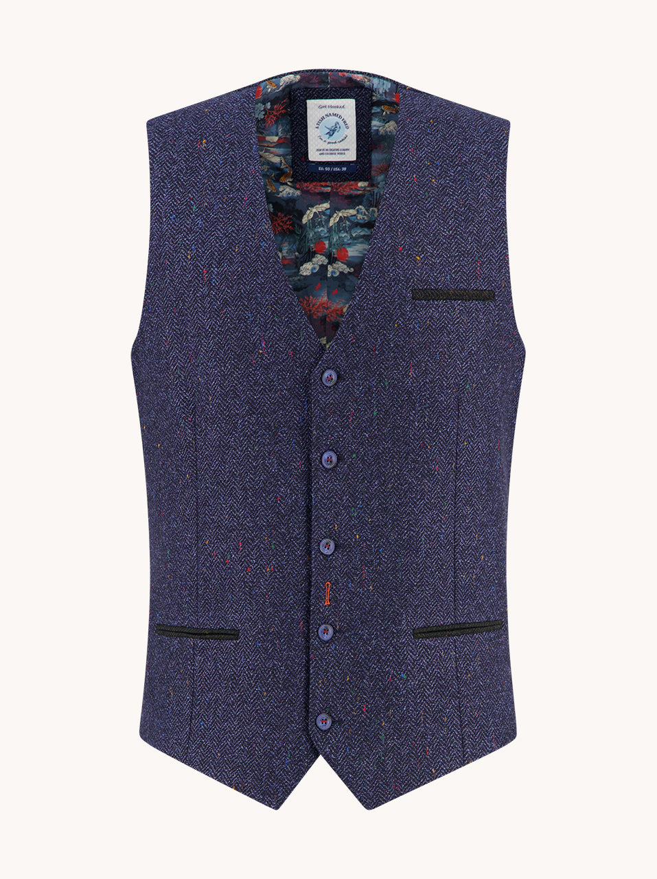 A Fish Named Fred men's Herringbone waistcoat in Navy, front view