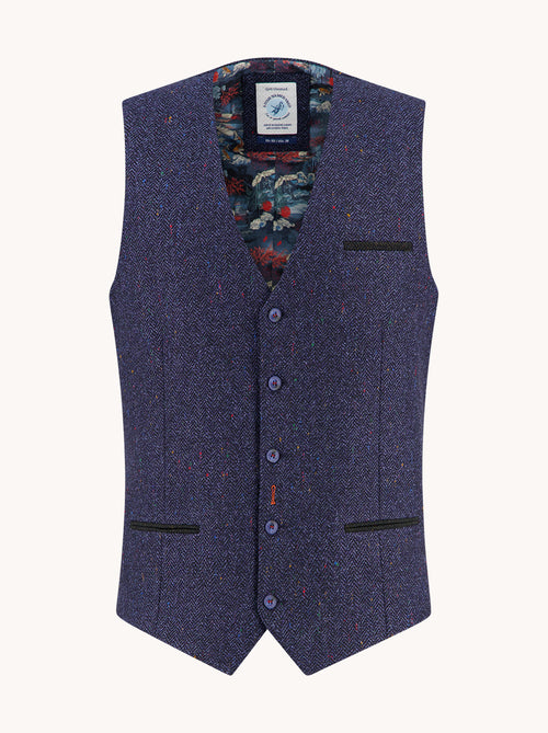 A Fish Named Fred men's Herringbone waistcoat in Navy, front view