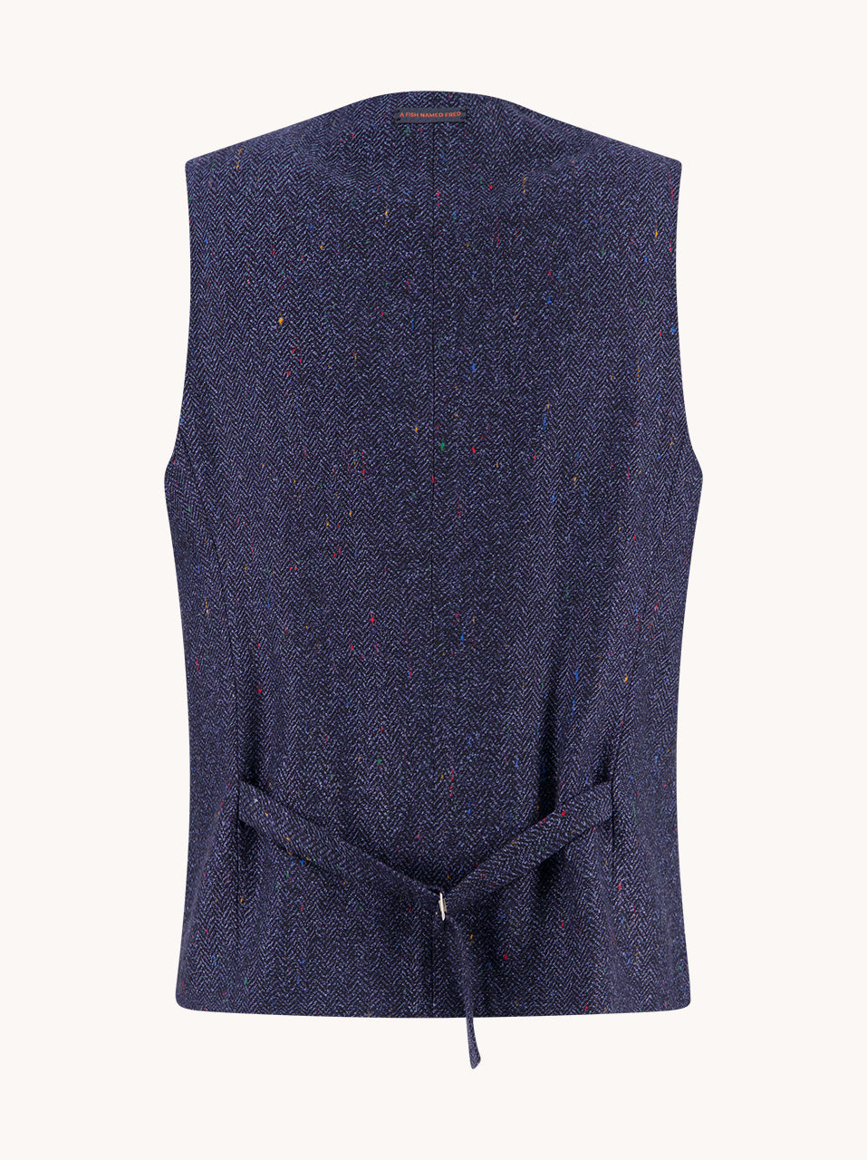 A Fish Named Fred men's Herringbone waistcoat in Navy, back view