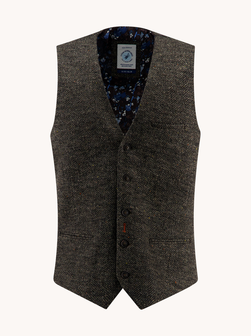 A Fish Named Fred men's Brushed Herringbone waistcoat in Chocolate Brown, front view