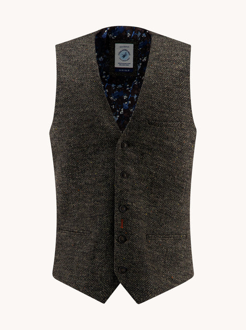 A Fish Named Fred men's Brushed Herringbone waistcoat in Chocolate Brown, front view