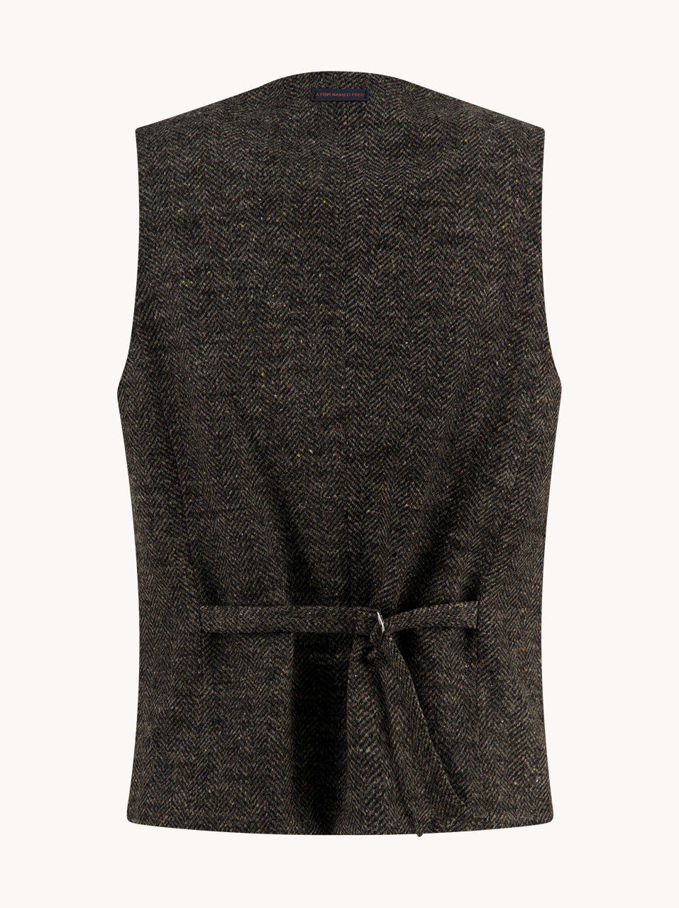 A Fish Named Fred men's Brushed Herringbone waistcoat in Chocolate Brown, back view
