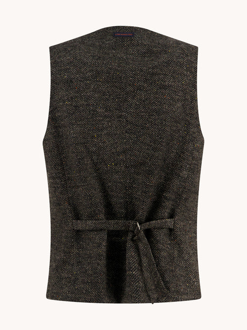 A Fish Named Fred men's Brushed Herringbone waistcoat in Chocolate Brown, back view