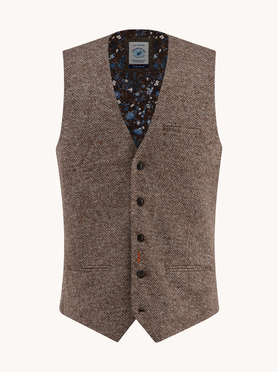 A Fish Named Fred men's Brushed Herringbone waistcoat in Sand, front view