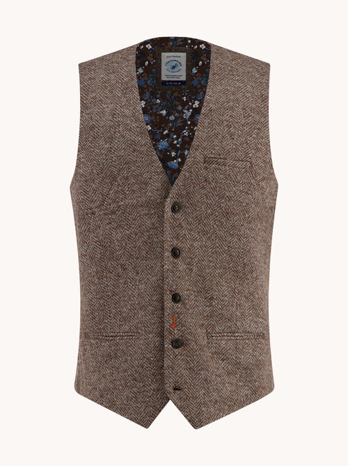 A Fish Named Fred men's Brushed Herringbone waistcoat in Sand, front view