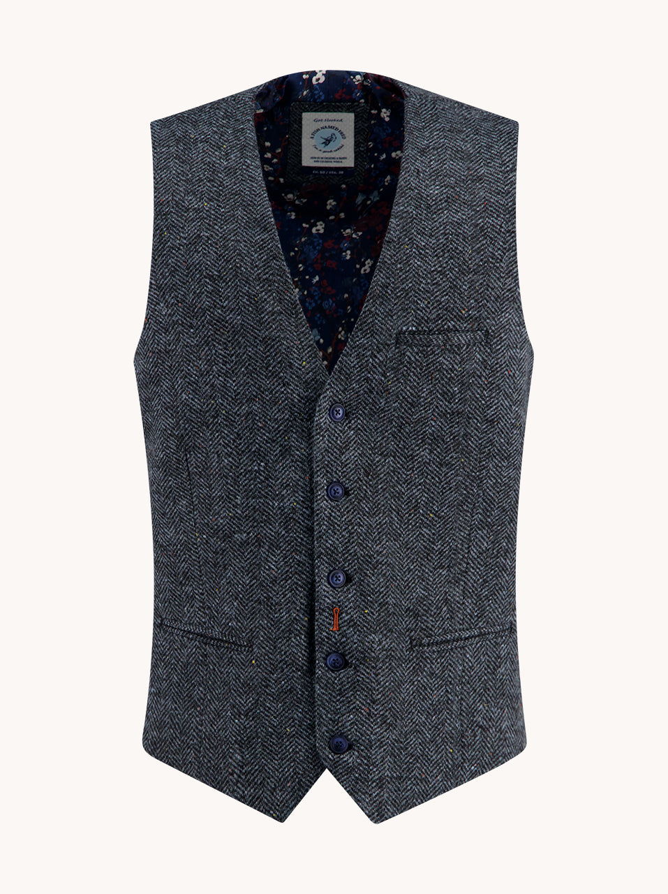 A Fish Named Fred men's Brushed Herringbone waistcoat in Jeans Blue, front view