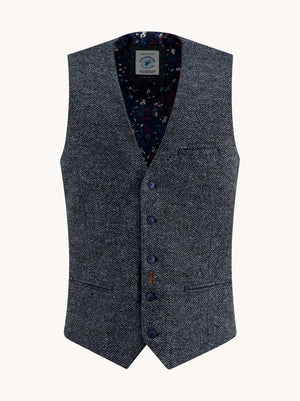 A Fish Named Fred men's Brushed Herringbone waistcoat in Jeans Blue, front view