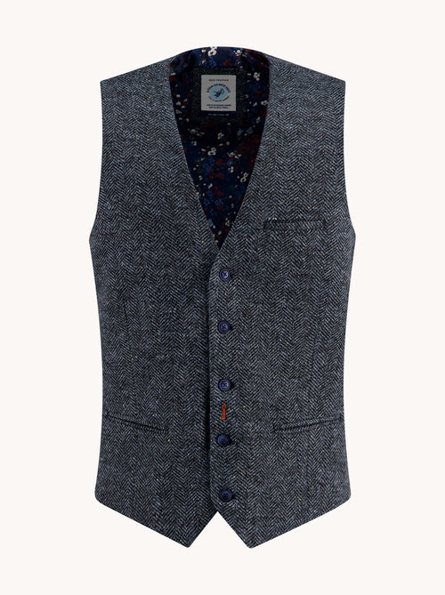 A Fish Named Fred men's Brushed Herringbone waistcoat in Jeans Blue, front view