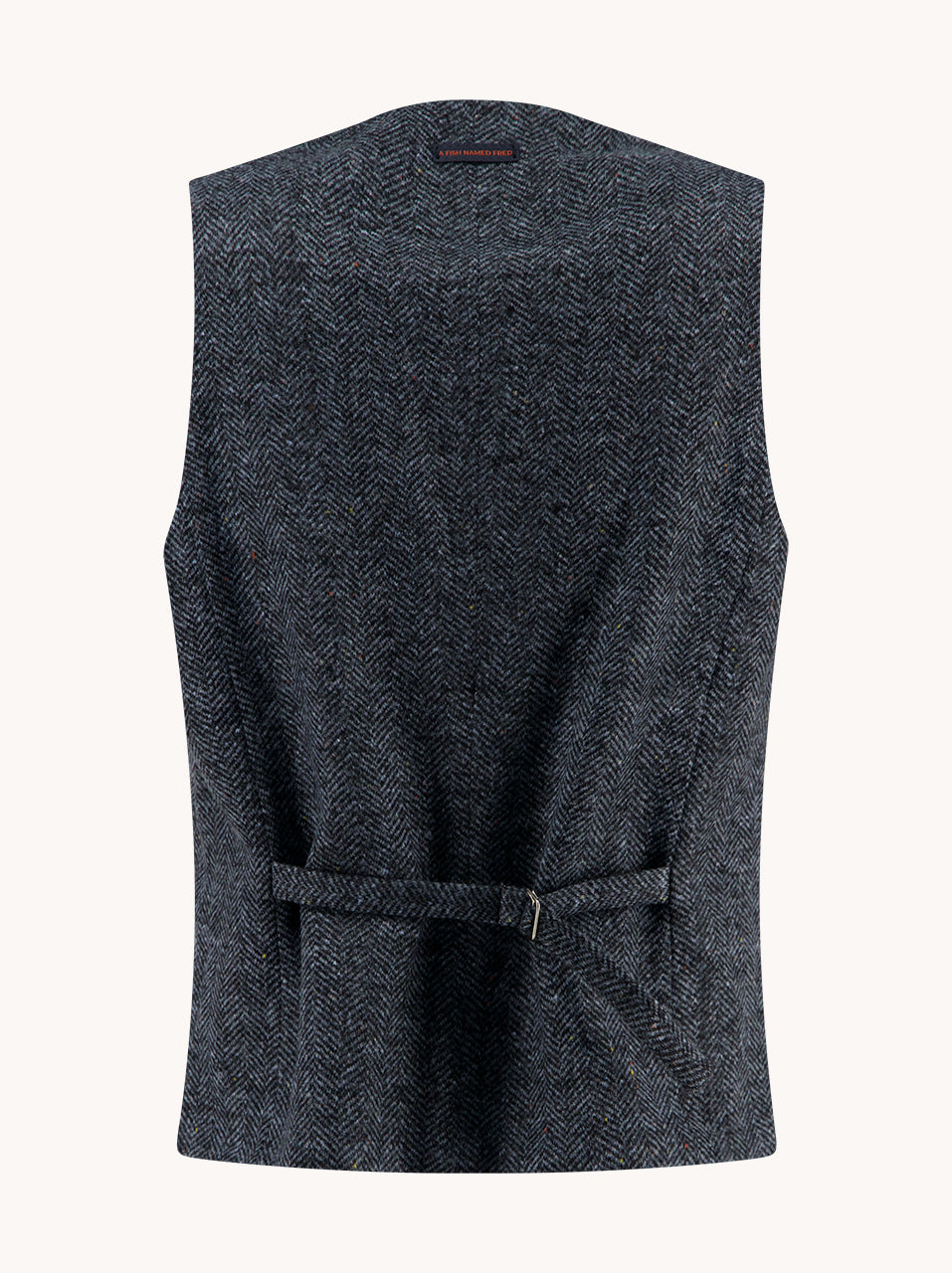A Fish Named Fred men's Brushed Herringbone waistcoat in Jeans Blue, back view