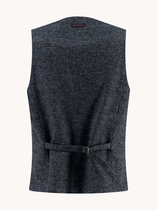 A Fish Named Fred men's Brushed Herringbone waistcoat in Jeans Blue, back view