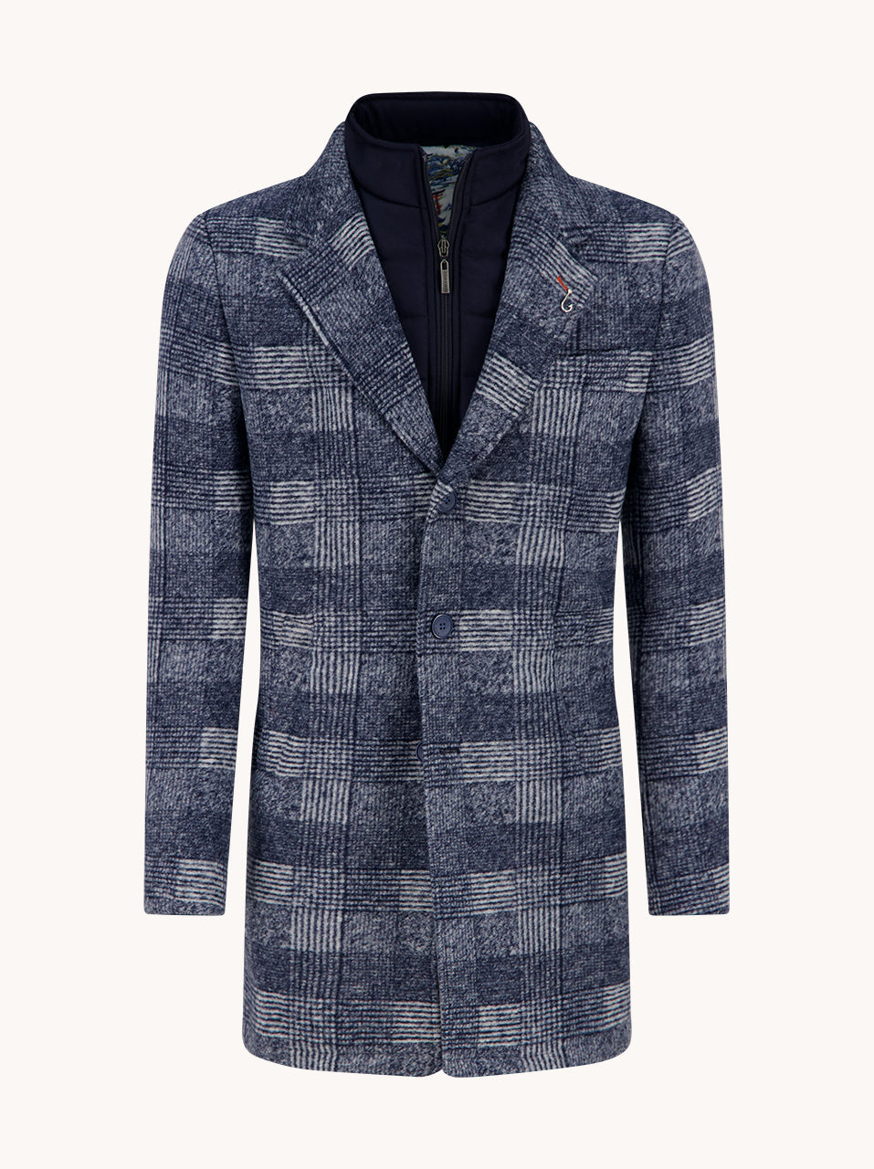 A Fish Named Fred men's Check overcoat in Jeans Blue, front view