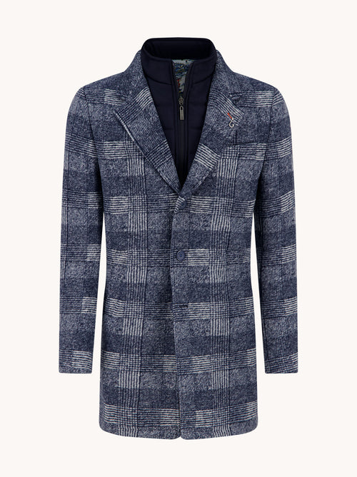 A Fish Named Fred men's Check overcoat in Jeans Blue, front view