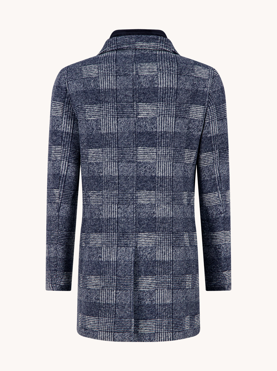 A Fish Named Fred men's Check overcoat in Jeans Blue, back view