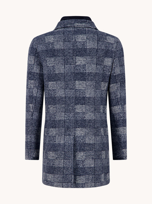 A Fish Named Fred men's Check overcoat in Jeans Blue, back view