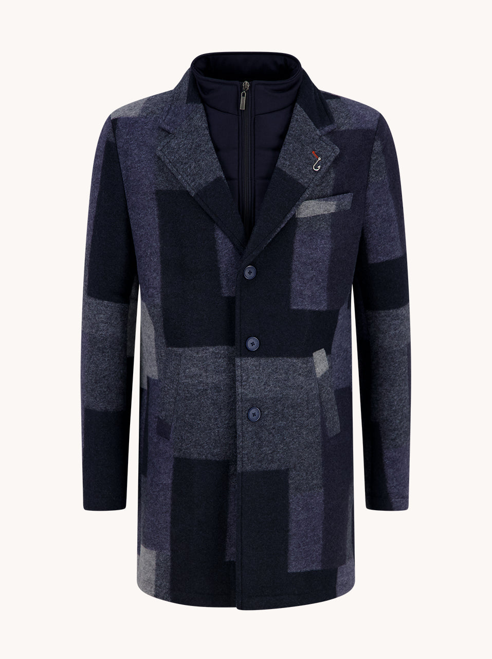 A Fish Named Fred men's Big Check overcoat in Navy, front view