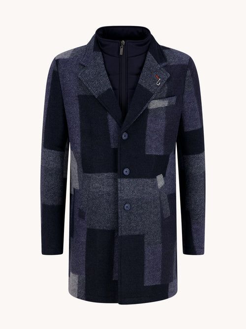 A Fish Named Fred men's Big Check overcoat in Navy, front view