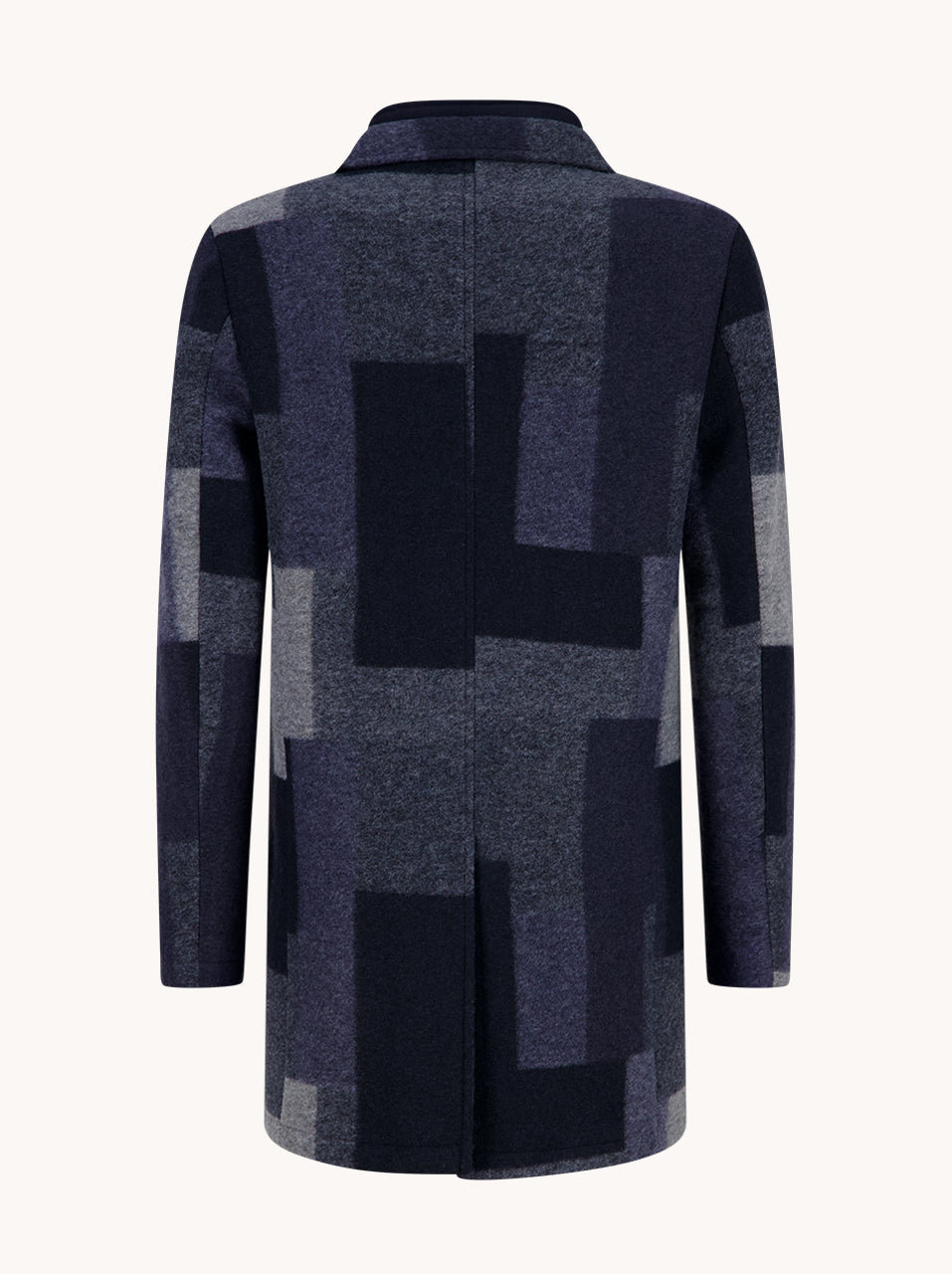 A Fish Named Fred men's Big Check overcoat in Navy, back view