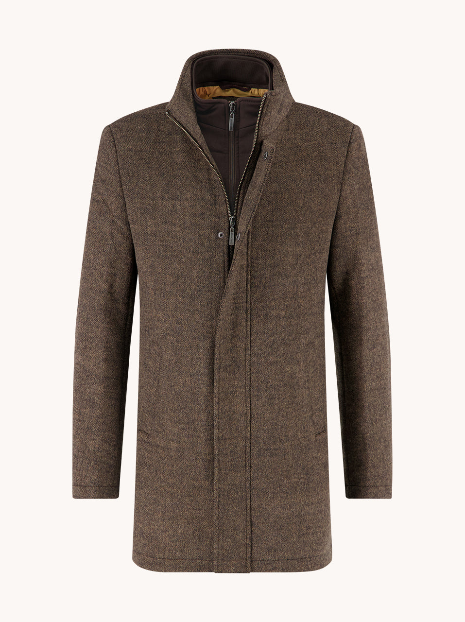 A Fish Named Fred men's Funnel Neck Coat in Chocolate Brown, front view
