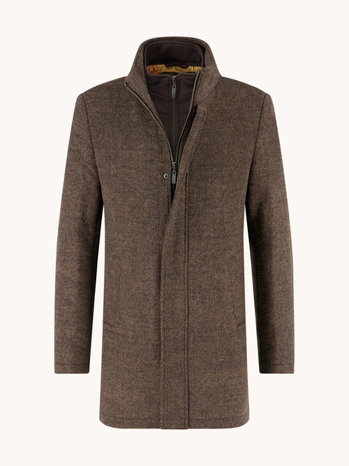 A Fish Named Fred men's Funnel Neck Coat in Chocolate Brown, front view