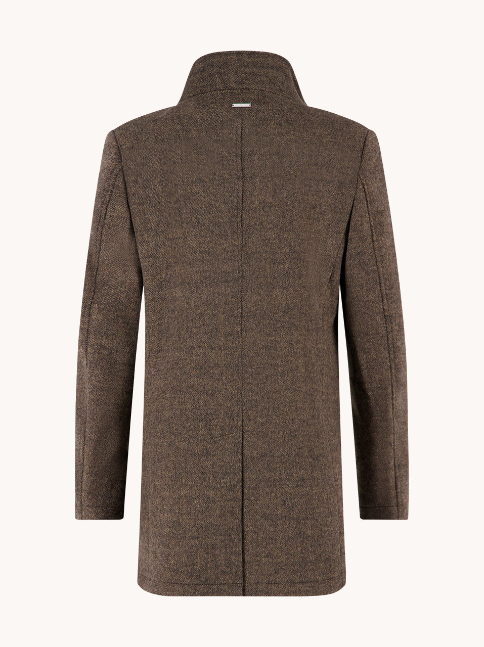 A Fish Named Fred men's Funnel Neck Coat in Chocolate Brown, back view