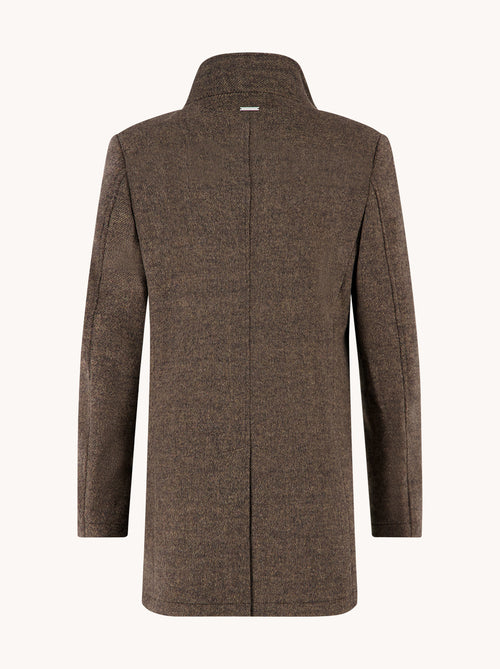 A Fish Named Fred men's Funnel Neck Coat in Chocolate Brown, back view