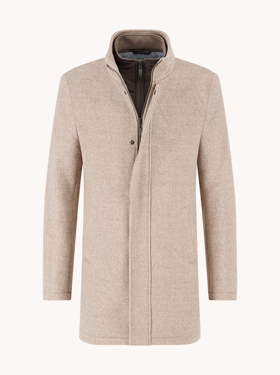 A Fish Named Fred men's Funnel Neck Coat in Sand, front view