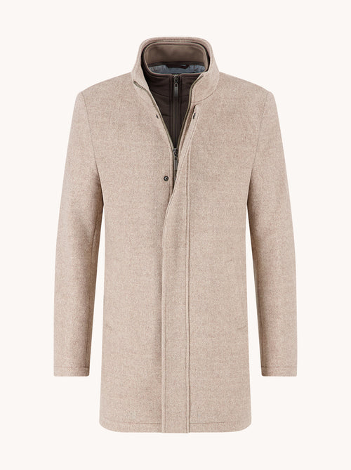 A Fish Named Fred men's Funnel Neck Coat in Sand, front view