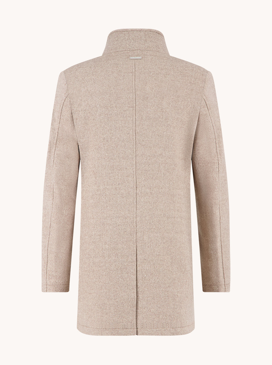 A Fish Named Fred men's Funnel Neck Coat in Sand, back view