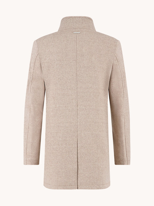 A Fish Named Fred men's Funnel Neck Coat in Sand, back view