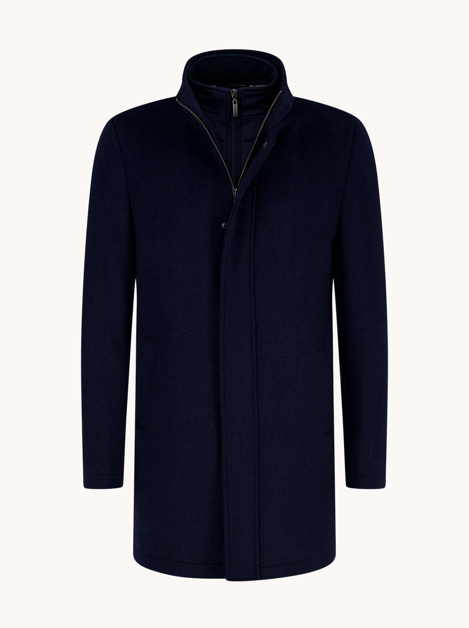 A Fish Named Fred men's Funnel Neck Coat in Navy, front view