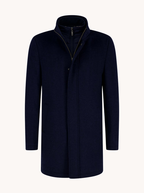 A Fish Named Fred men's Funnel Neck Coat in Navy, front view