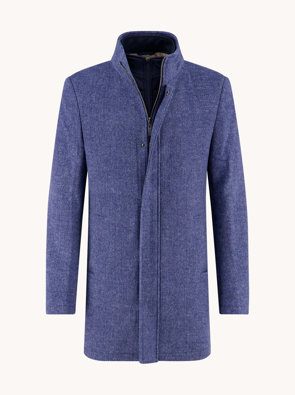 A Fish Named Fred men's Funnel Neck Coat in Jeans Blue, front view