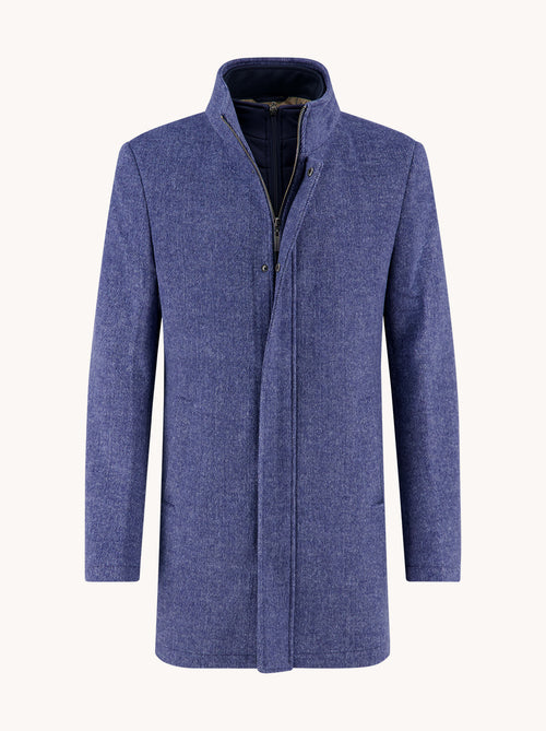 A Fish Named Fred men's Funnel Neck Coat in Jeans Blue, front view