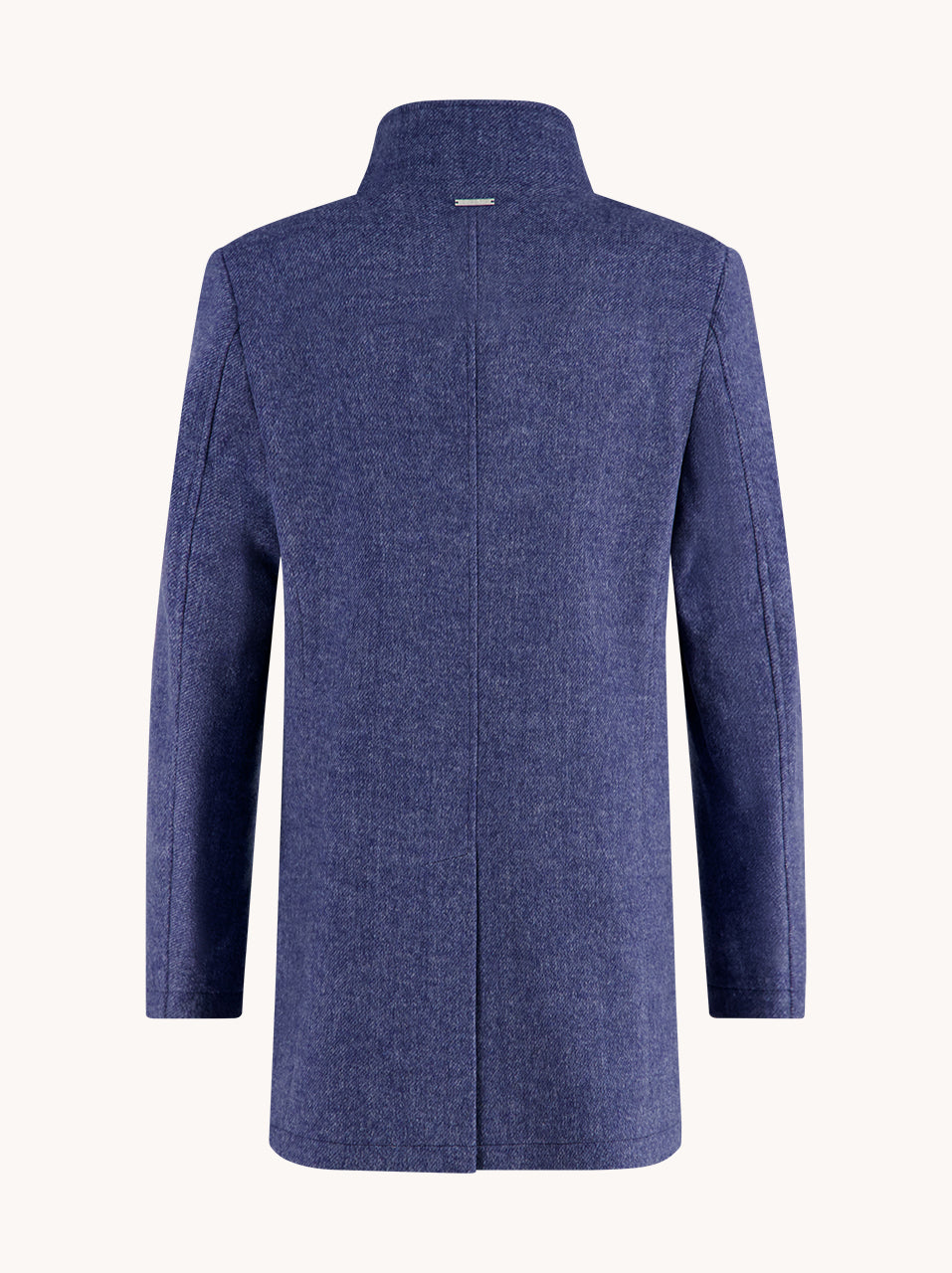 A Fish Named Fred men's Funnel Neck Coat in Jeans Blue, back view