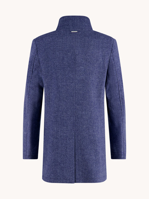 A Fish Named Fred men's Funnel Neck Coat in Jeans Blue, back view