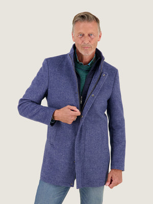 A Fish Named Fred men's Funnel Neck Coat in Jeans Blue, worn by a model, studio shot